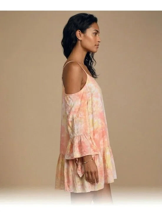 Tie-Dye Ruffle Hem Mini Dress Tunic S | Boho Festival Wanderlust Coastal Cowgirl - Picture 3 of 6